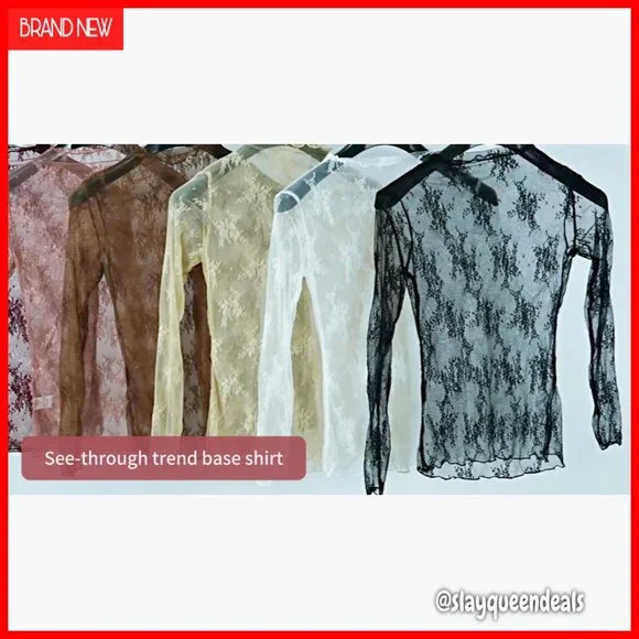 Long Sleeve Mesh Top Sheer Floral Embroidery Mock Neck Layering Tee - Picture 6 of 7